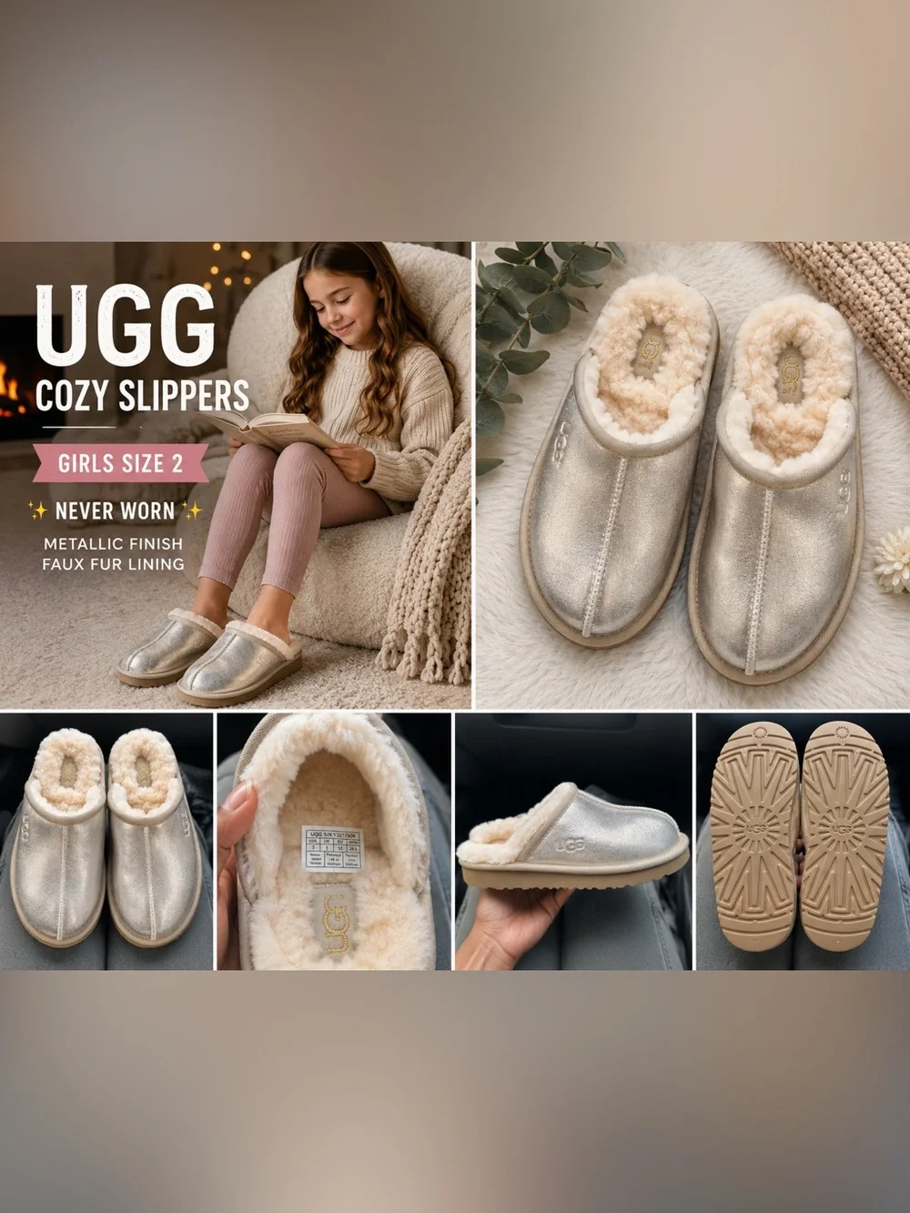 🤍 UGG Cozy Slip-On Slippers - Girls Size 2 - Never Worn